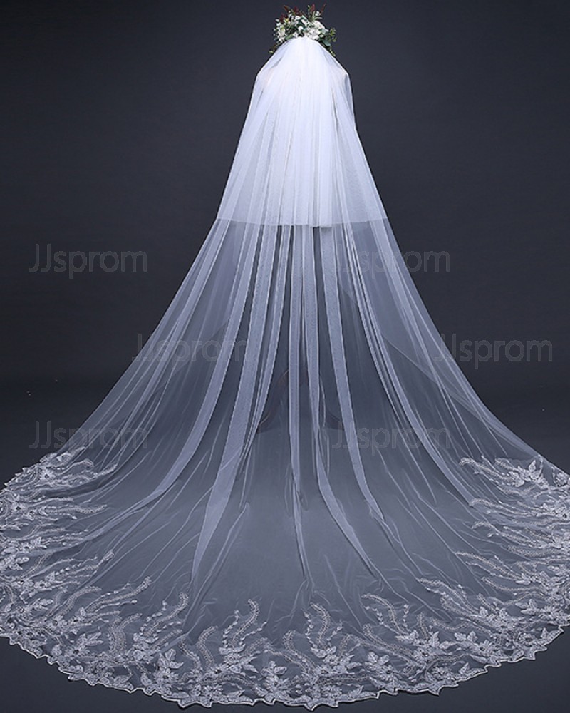 Two Tiers White Cathedral Length Lace Applique Edge Wedding Veil TS17124