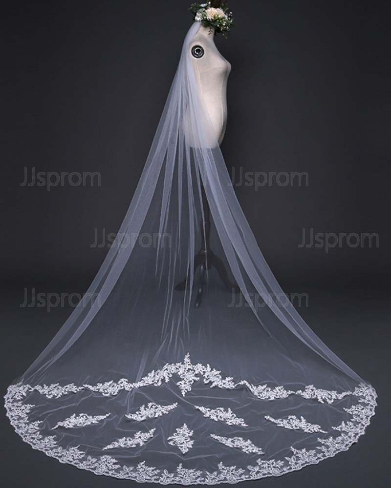Ivory Tulle Lace Applique One Tier Cathedral Length Wedding Veil TS17126