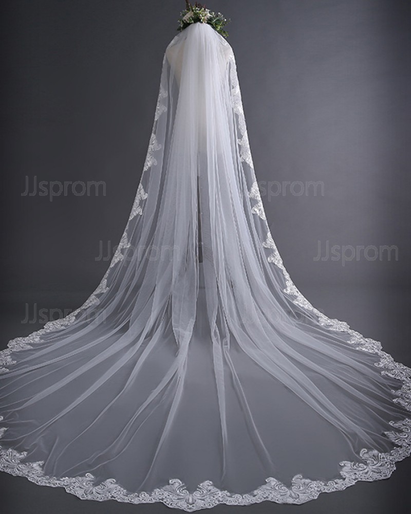 White Tulle Lace Applique Edge Cathedral Wedding Veil TS17136