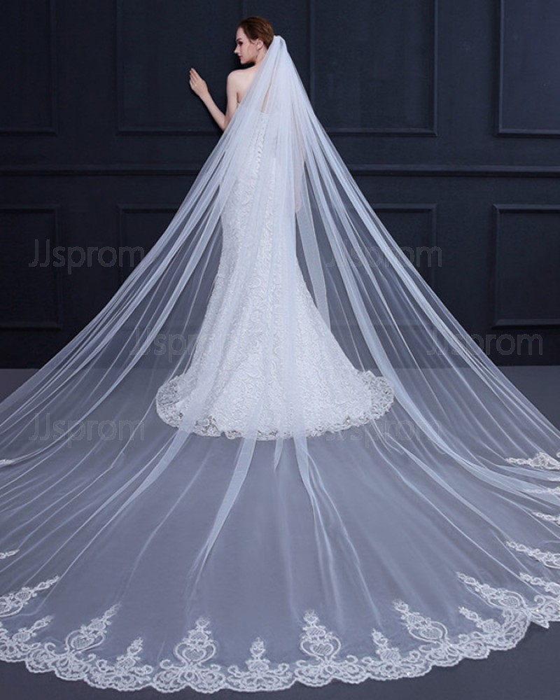 White Tulle Lace Applique Edge Cathedral Wedding Veil TS18002