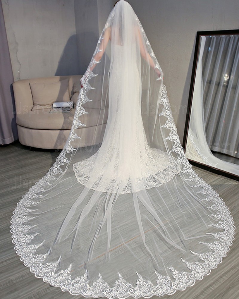 Ivory Lace Applique Edge Cathedral Wedding Veil with Comb TS18005