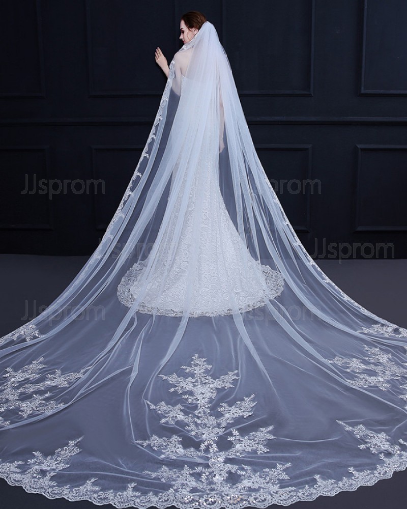 White Lace Applique Edge Cathedral Length Wedding Veil TS18009