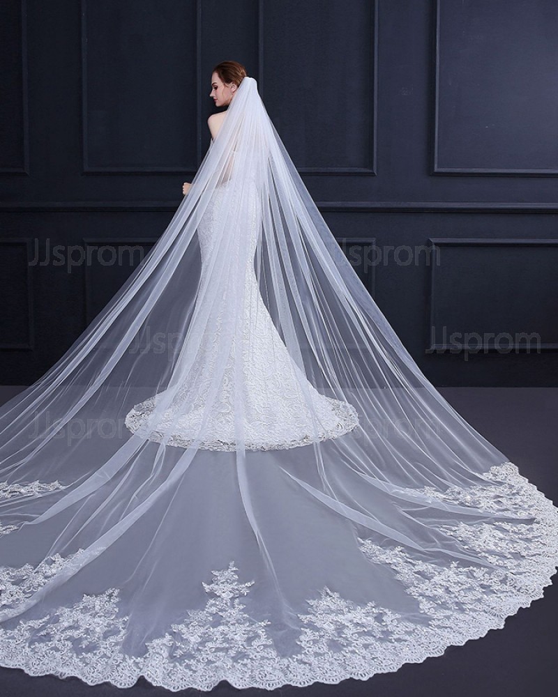 White Lace Applique Edge Cathedral Wedding Veil with Comb TS18011