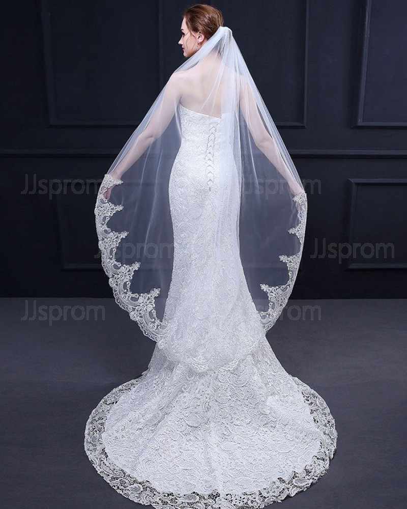 White Lace Applique Edge Waltz Length Wedding Veil TS18017