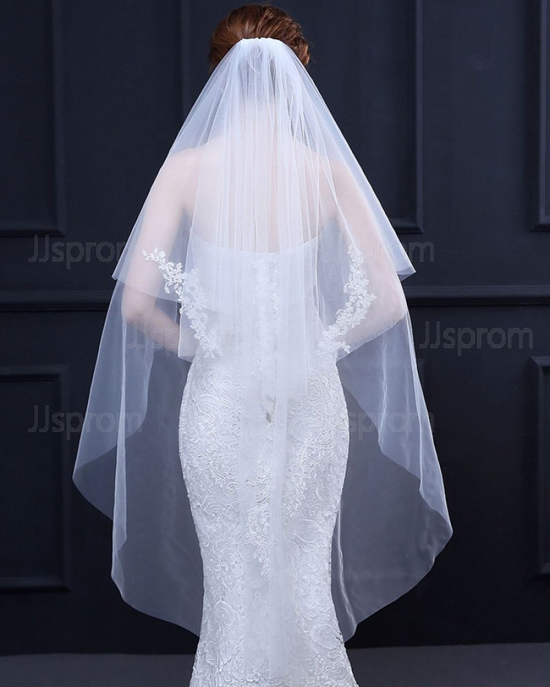 Two Tiers Ivory Lace Applique Fingertip Length Wedding Veil TS18018