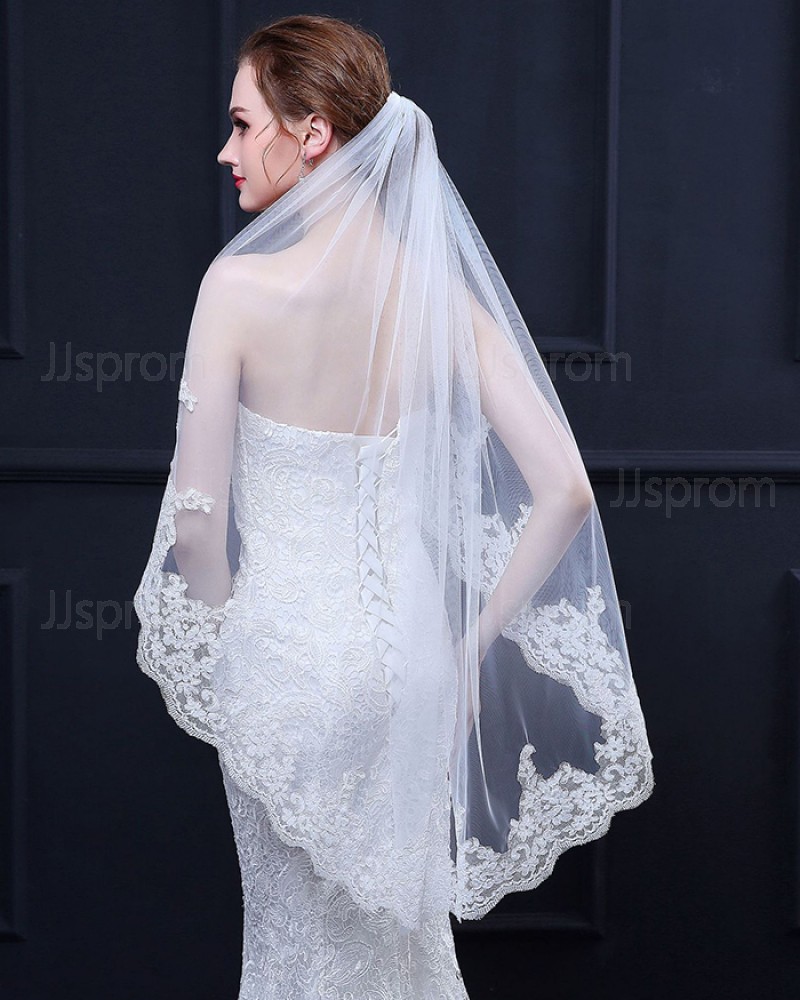 Lace Applique Edge Elbow Wedding Veil TS18020