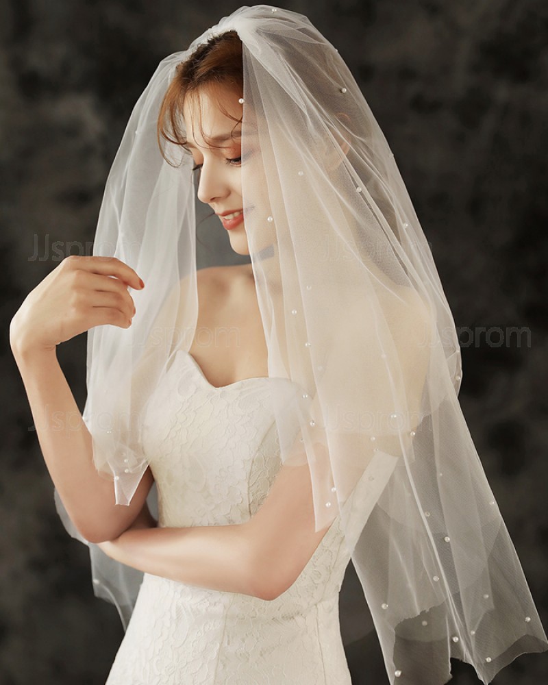 Two Tier Tulle Ivory Beaded Pearls Elbow Length Wedding Veil with Comb TS1924