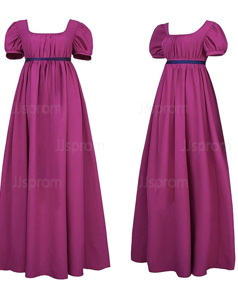 Fuchsia Square Neckline Empire Satin Vintage Brigerton Dress with Short Sleeves VD008