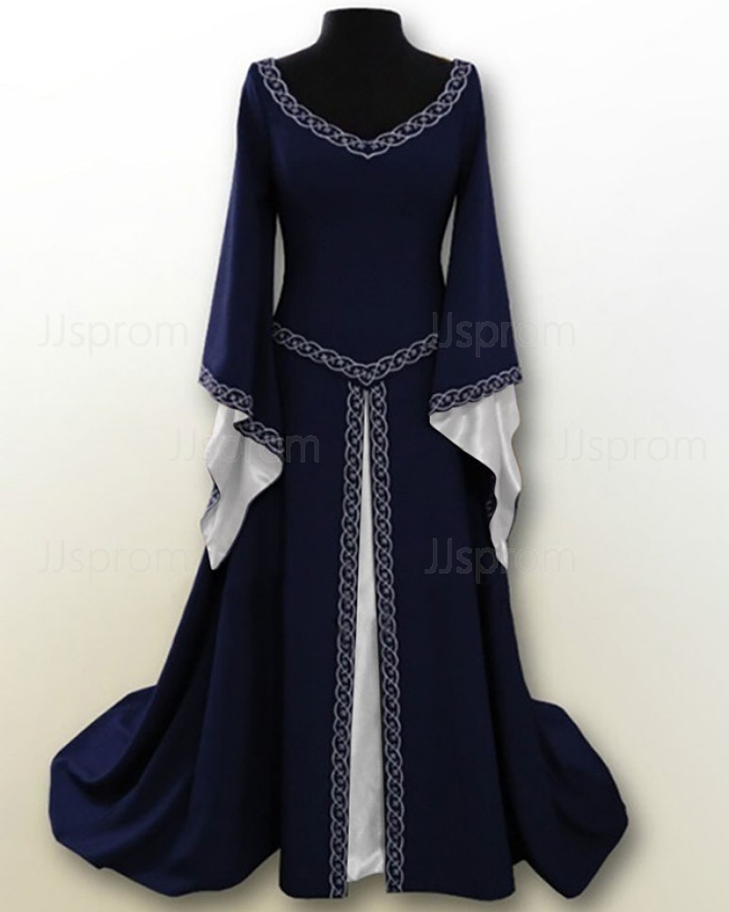 V-neck Navy Blue Lace Applique Vintage Medieval Victorian Dress with Flare Sleeves VD011
