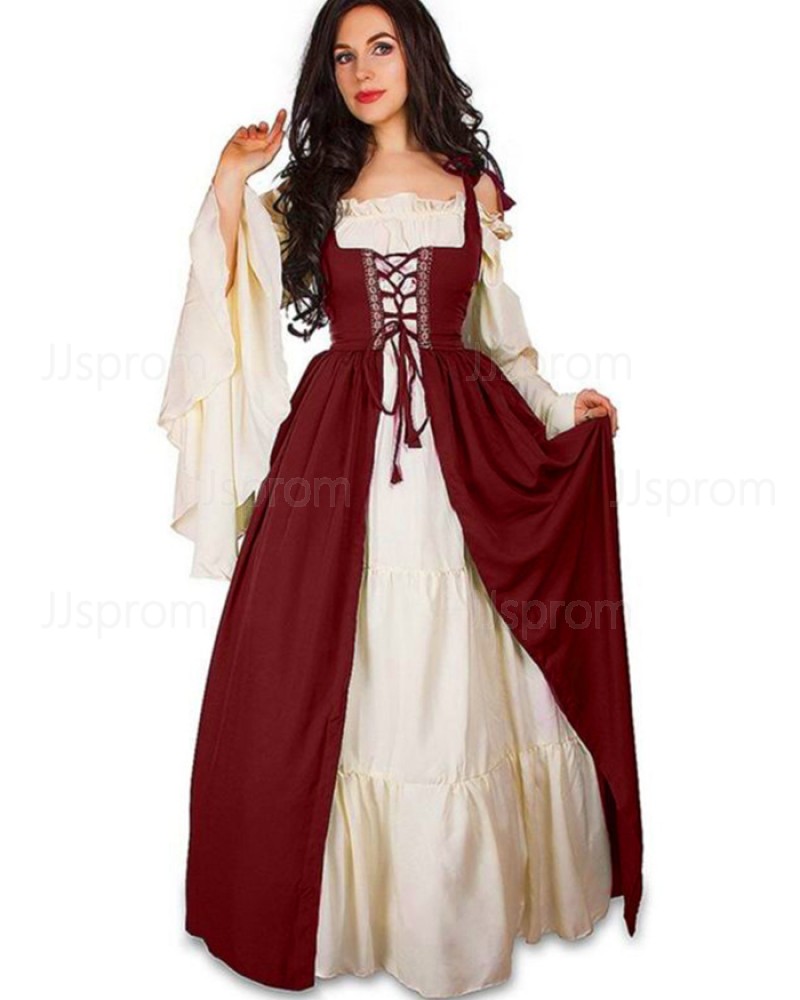 Square Neckline Burgundy Vintage Medieval Bridgerton Dress with Flare Sleeves VD013