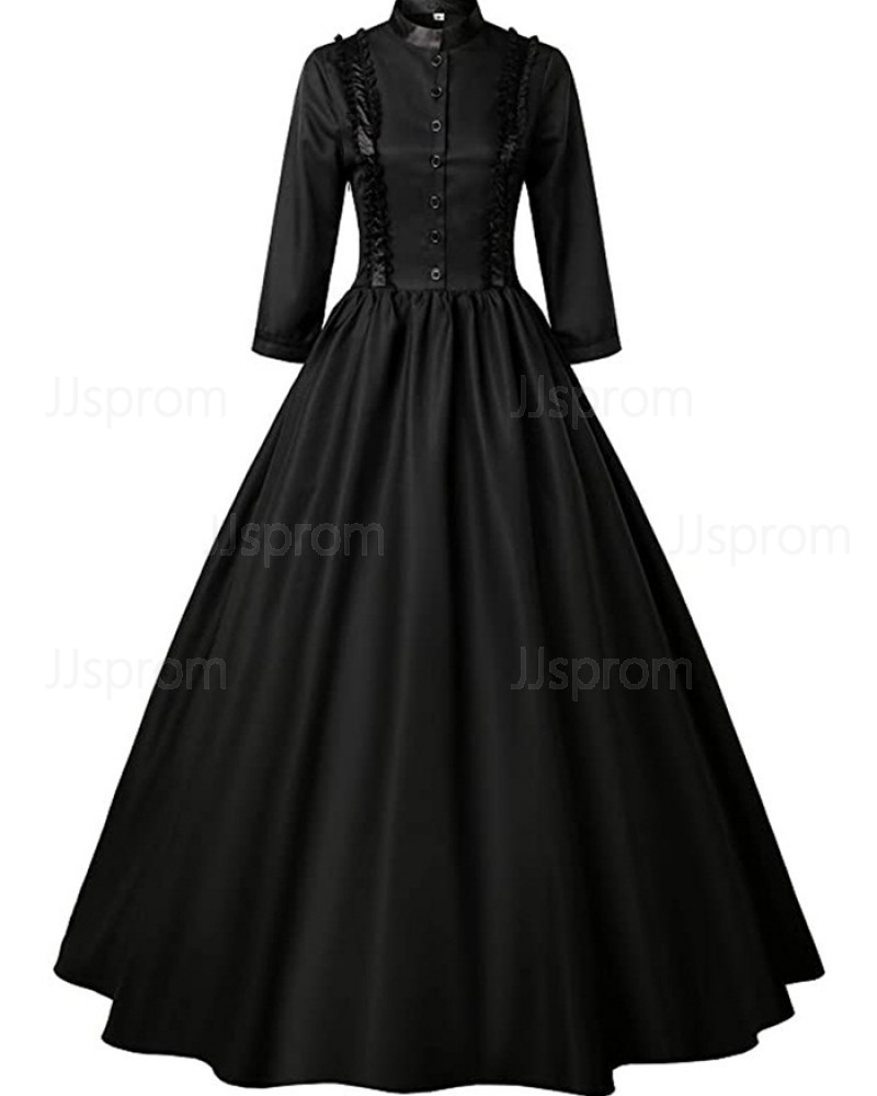 High Neck Black Medieval Gothic Victorian Dress with 3/4 Length Sleeves VD016