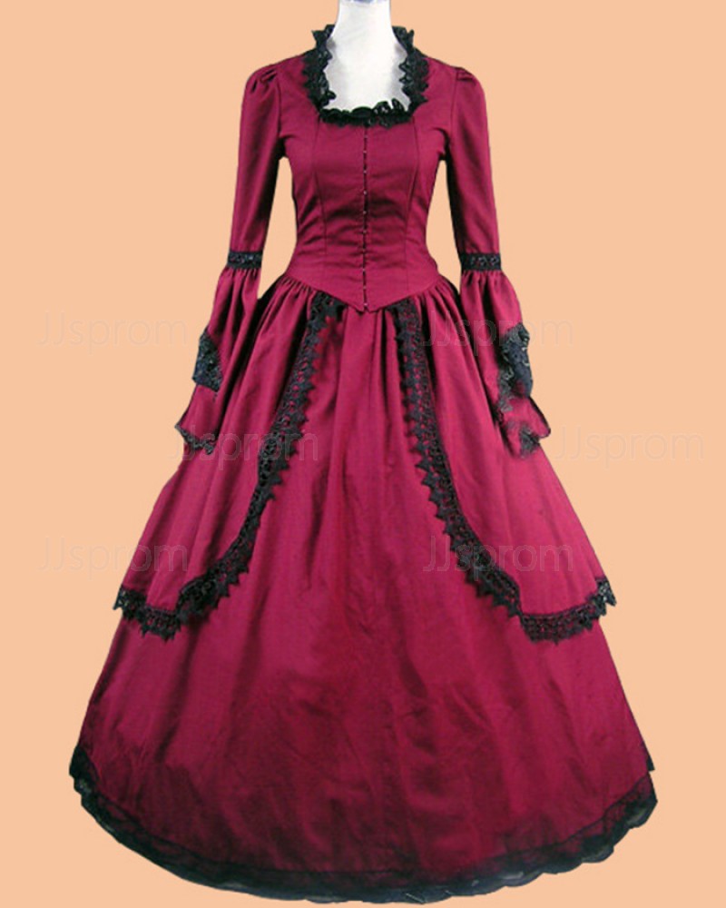 Queen Anne Neckline Burgundy Satin Appliqued Medieval Renaissance Evening Gown with Long Sleeves VD022