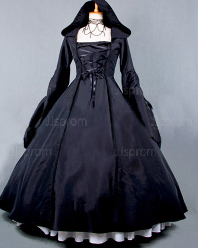 Black Satin Long Sleeves Medieval Gothic Victorian Dress with Hood VD025