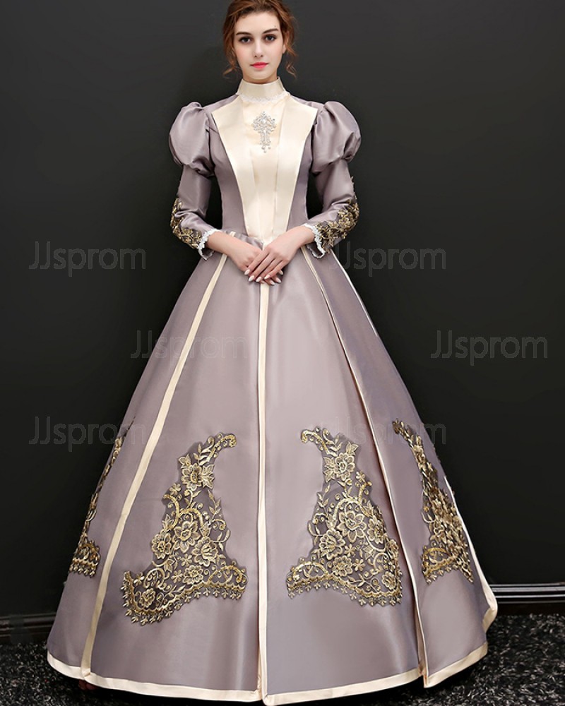 High Neck Lace Applique Medieval Gothic Victorian Queen Dress with Lace Long Sleeves VD048