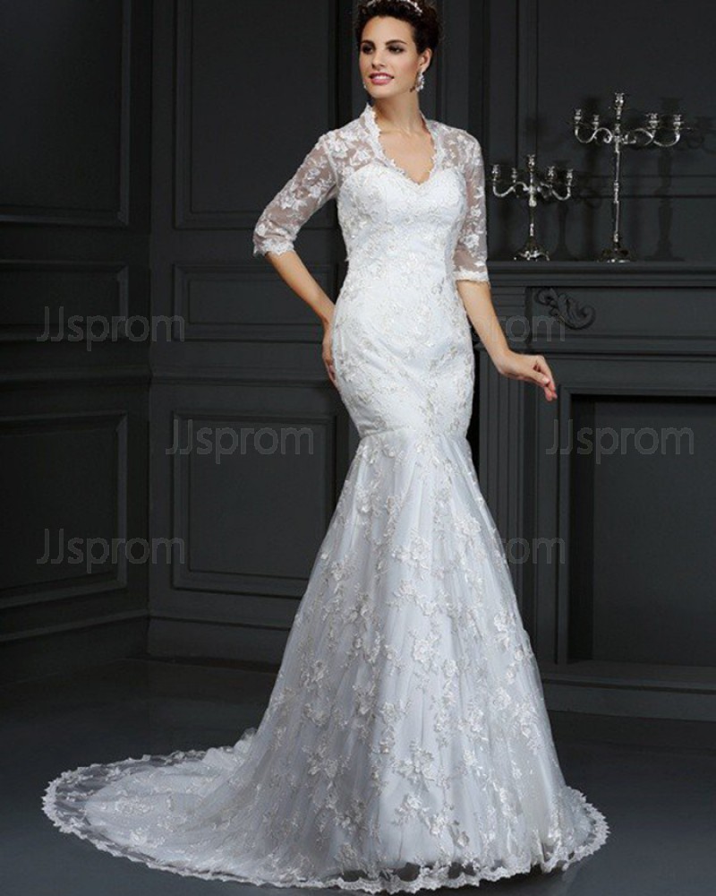 Lace Appliqued Ivory Queen Anne Mermaid Wedding Dress with Half Length Sleeves WD2003