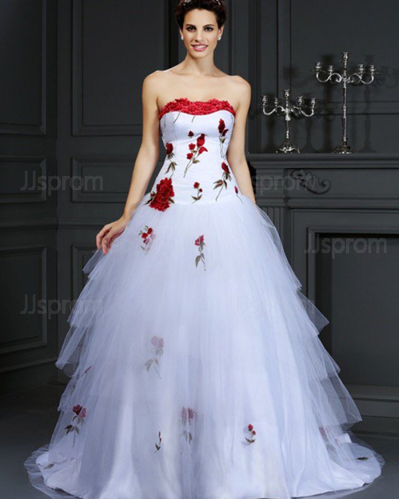 Tulle White Strapless Appliqued Layered Wedding Gown WD2009