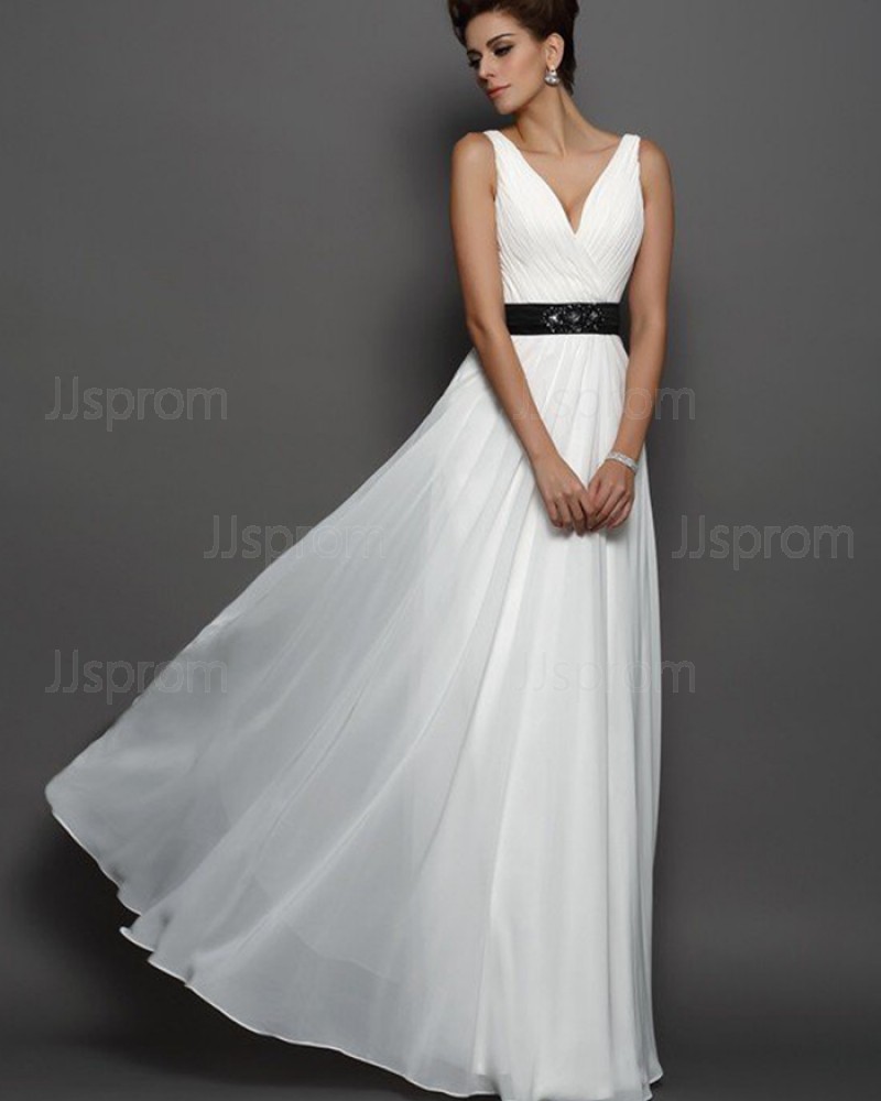 Tulle Beach V-neck Pleated Ivory Wedding Dress with Black Beading Belt WD2010