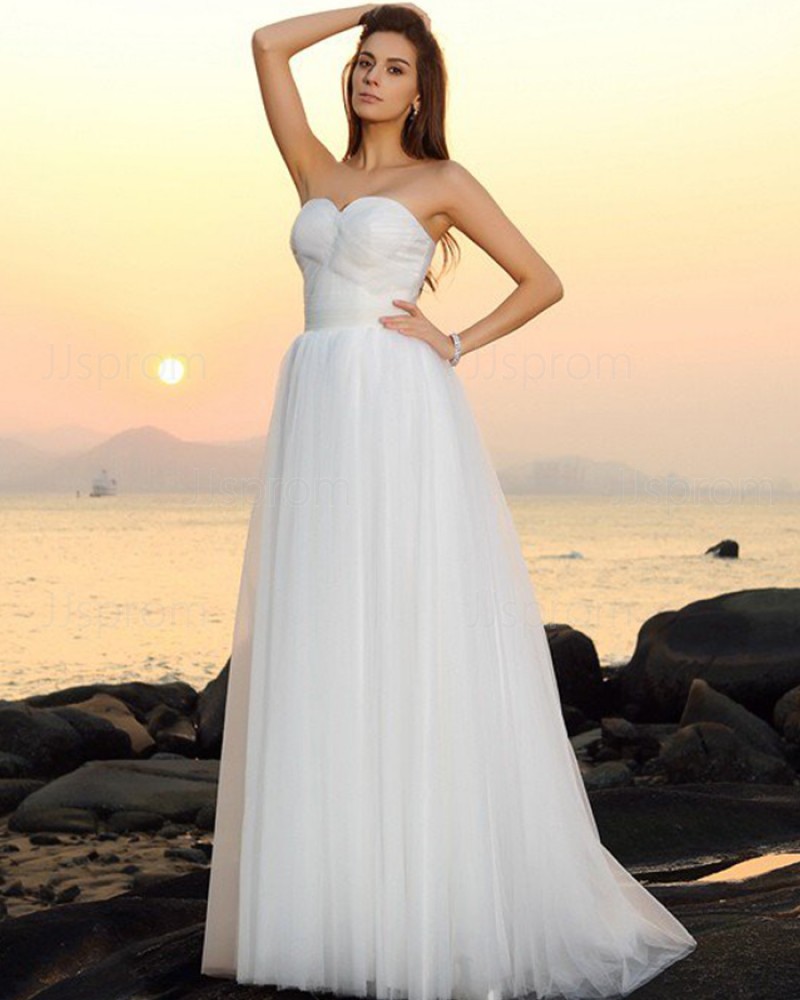 Ivory Simple Sweetheart Ruched Tulle Beach Wedding Dress WD2017