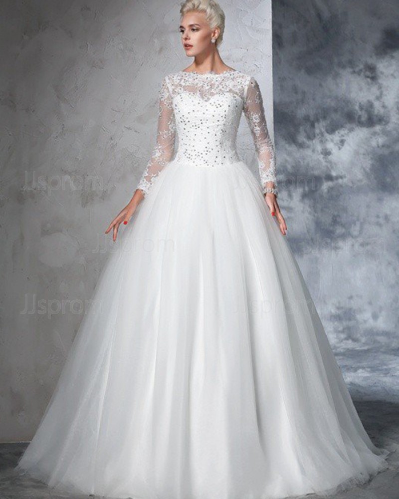 Appliqued Pleated Jewel Beading White Wedding Gown with Long Sleeves WD2021