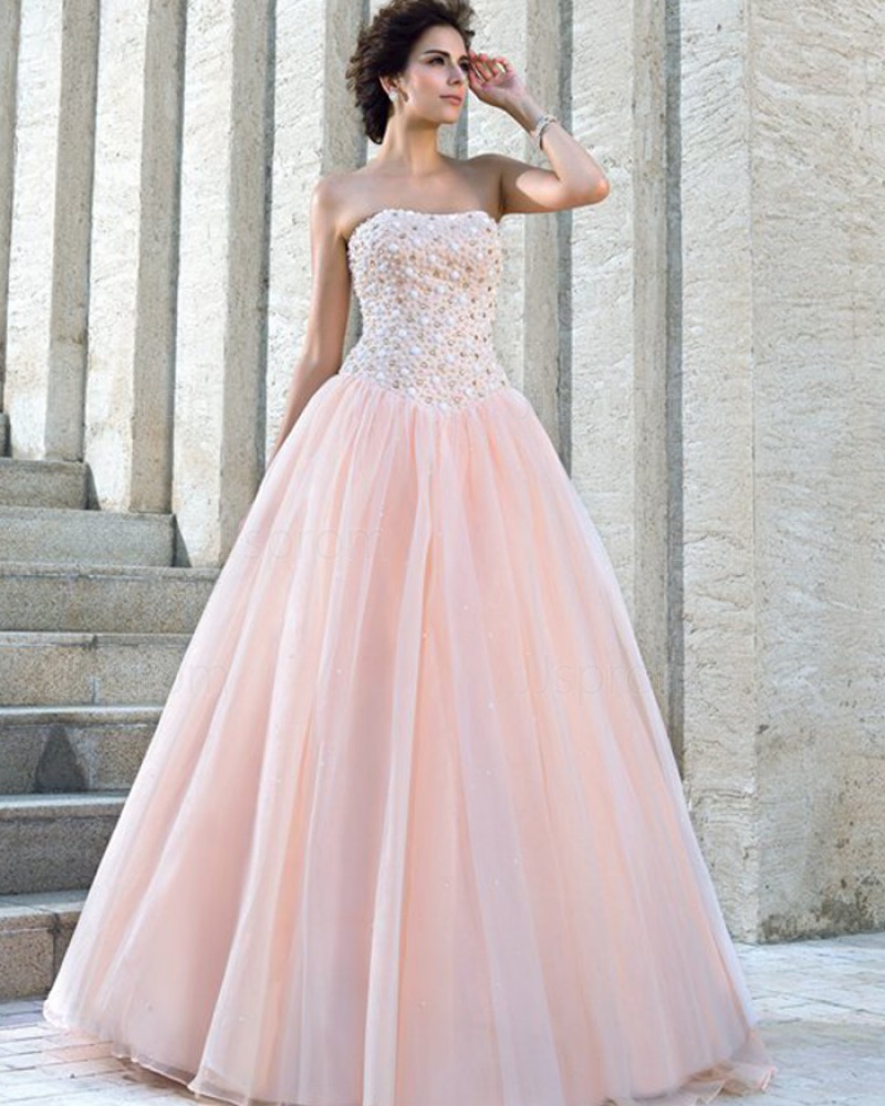 Pink Pleated Strapless Beading Bodice Princess Wedding Gown WD2023