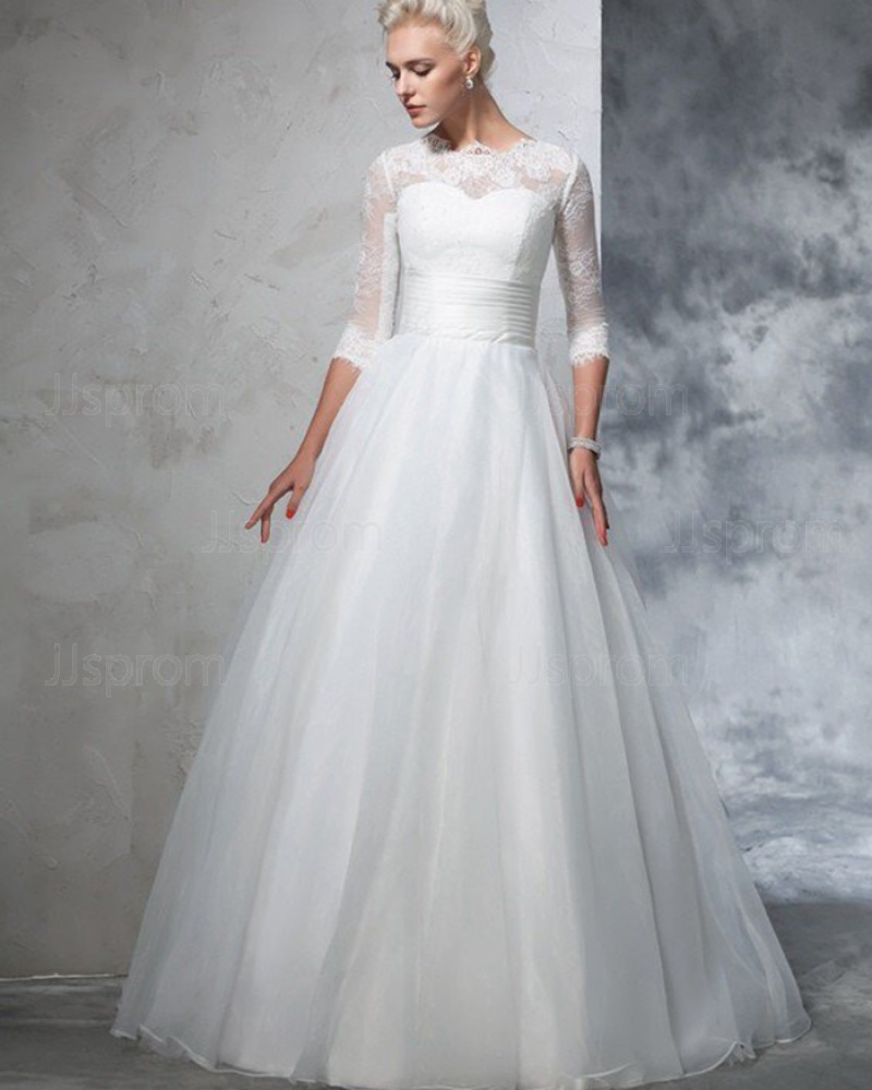 White Ruched A-line High Neck Lace Bodice Tulle Wedding Dress with Half Length Sleeves WD2026