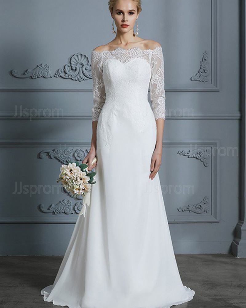 Lace Appliqued White Off the Shoulder Sheath Wedding Dress with Half Length Sleeves WD2028