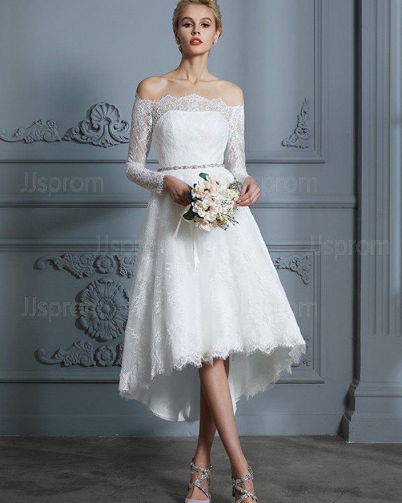 High Low Ivory Off the Shoulder Lace Wedding Dress with Long Sleeves WD2030