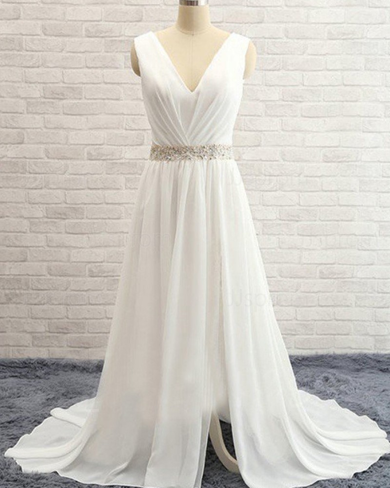 Ivory Simple V-neck Ruched Beading Chiffon Wedding Dress with Side Slit WD2031