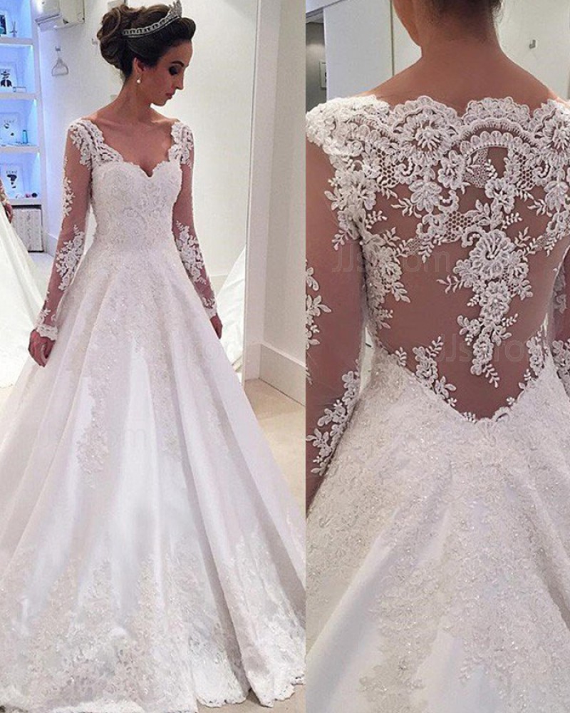 Lace Appliqued Satin V-neck A-line White Wedding Dress with Long Sleeves WD2034