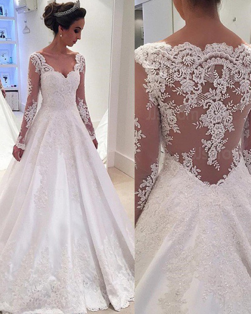 Lace Appliqued Satin V-neck A-line White Wedding Dress with Long Sleeves WD2034