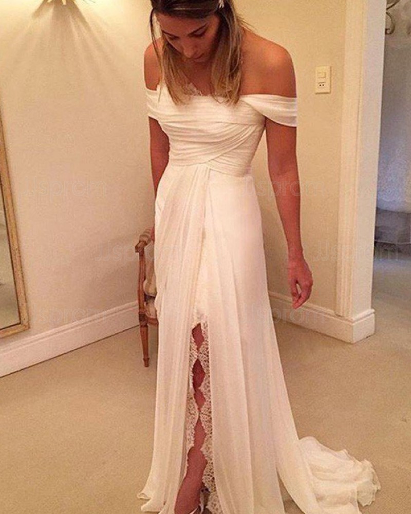 White Ruched Simple Off the Shoulder Wedding Dress with Side Slit WD2036