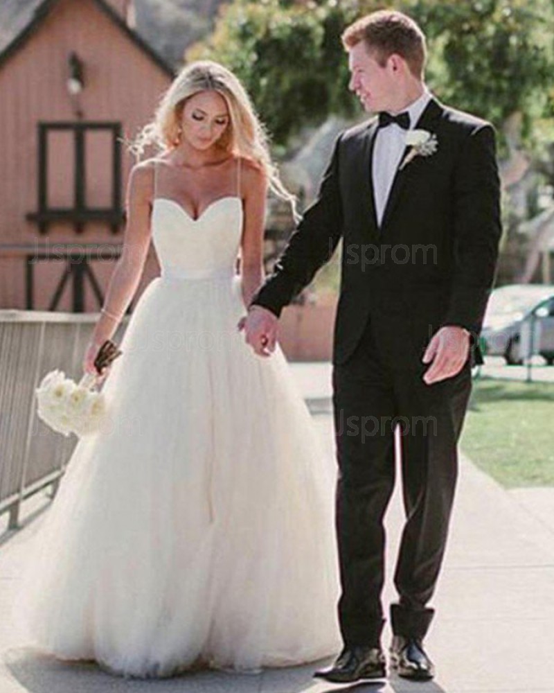 Simple White Tulle Spaghetti Straps Princess Wedding Dress WD2044