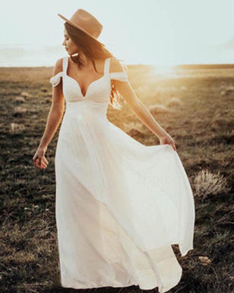 Cold Shoulder Ivory Sheath Pleated Chiffon Beach Wedding Dress WD2048