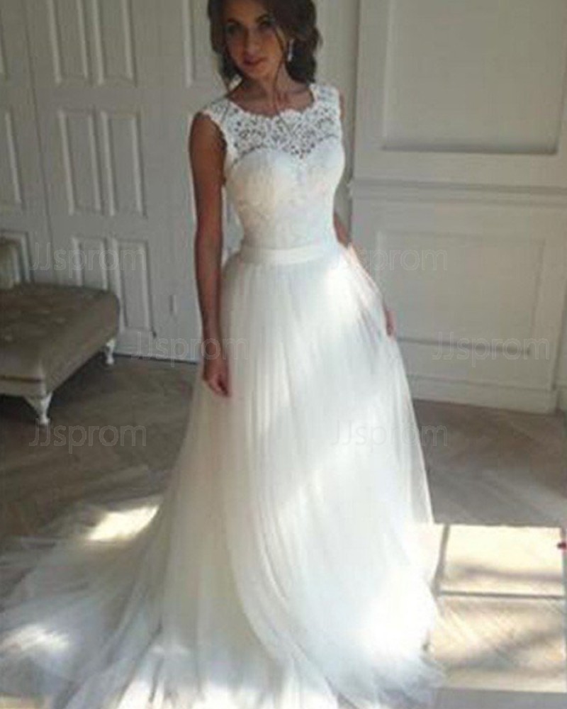 White Pleated Tulle Jewel Lace Bodice Wedding Dress WD2051