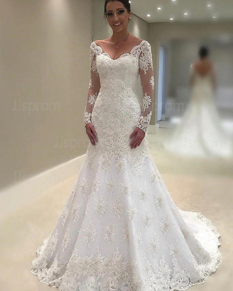 Lace Appliqued White Off the Shoulder Mermaid Wedding Dress with Long Sleeves WD2055
