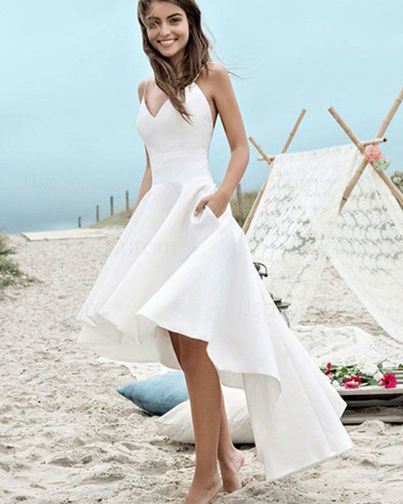 High Low White Satin Spaghetti Straps Beach Wedding Dress with Pockets WD2058