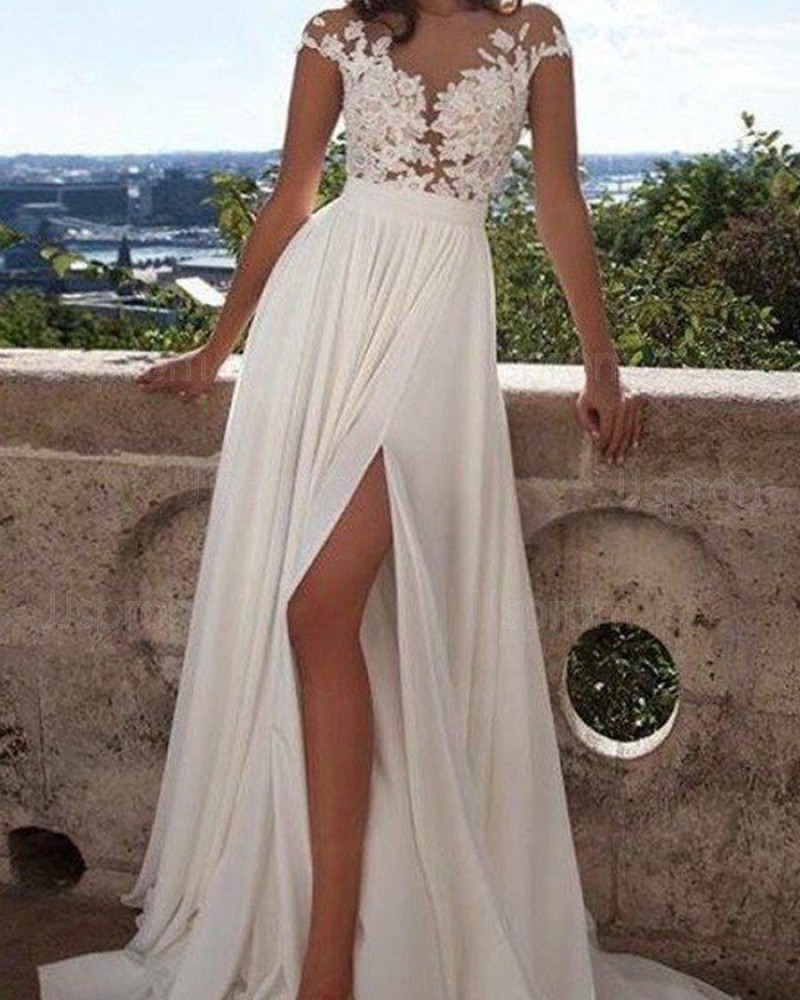 Appliqued Bodice Chiffon Sheer Neck Pleated Wedding Dress with Side Slit WD2059