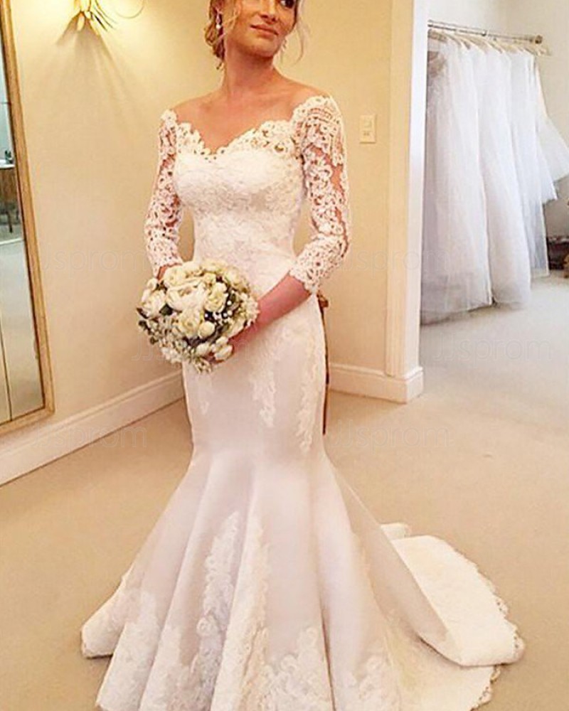 Lace Appliqued Satin Off the Shoulder Wedding Dress with 3/4 Length Sleeves WD2061