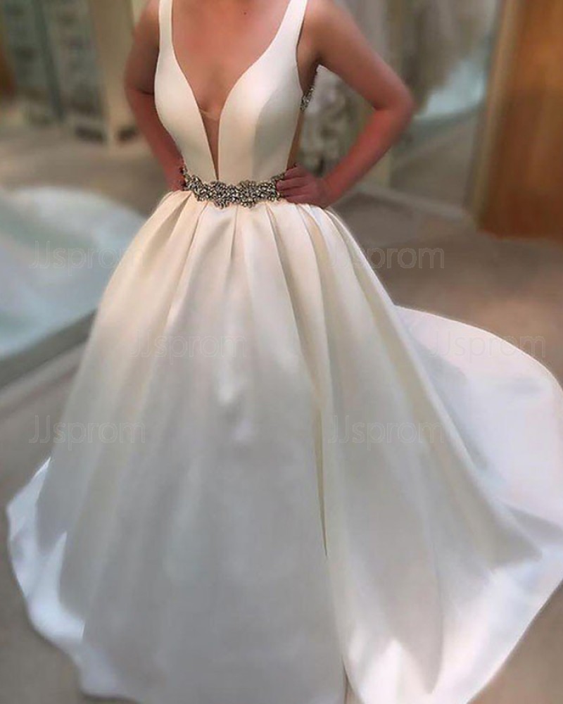 Simple Deep V-neck White Wedding Gown with Belt WD2065