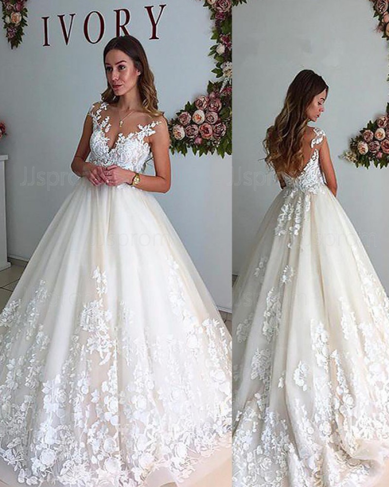 Appliqued Ivory Pleated Sheer Neck Lace Wedding Gown with Open Back WD2068