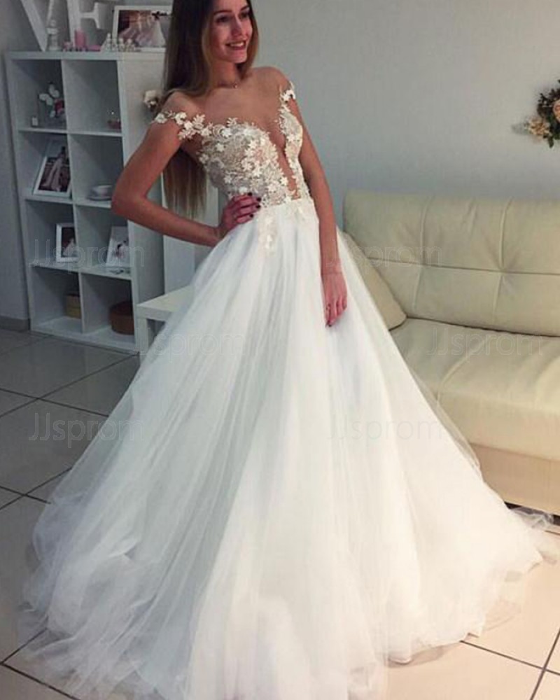 3D Flowers Tulle Off the Shoulder Pleated Ivory Wedding Dress WD2069