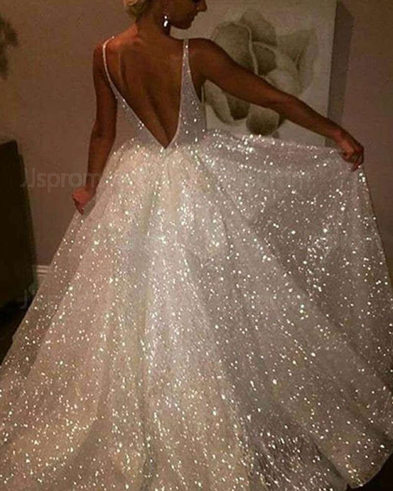 Sequin Ivory Unique Sparkle V-neck A-line Wedding Dress WD2080