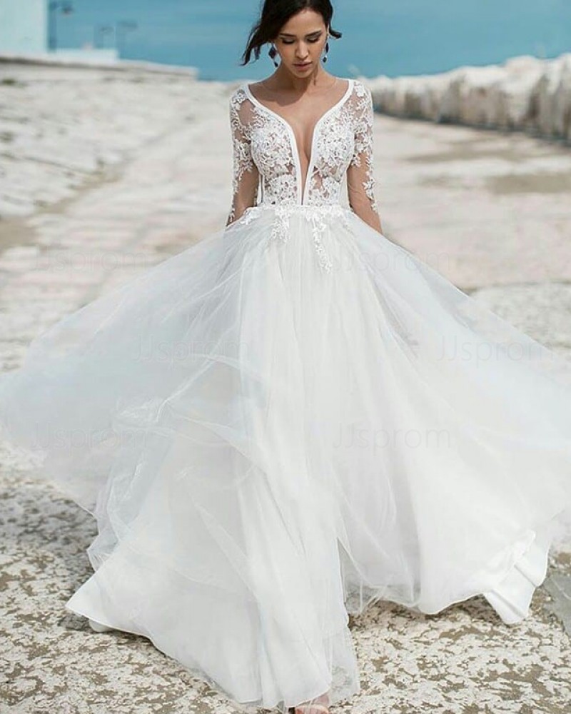  White Long Sleeve Deep V-neck Lace Applique BodiceWedding Dress WD2083