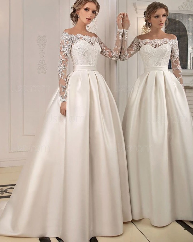 Ivory Satin Fall Off the Shoulder Lace Bodice Wedding Dress with Long Sleeves WD2084