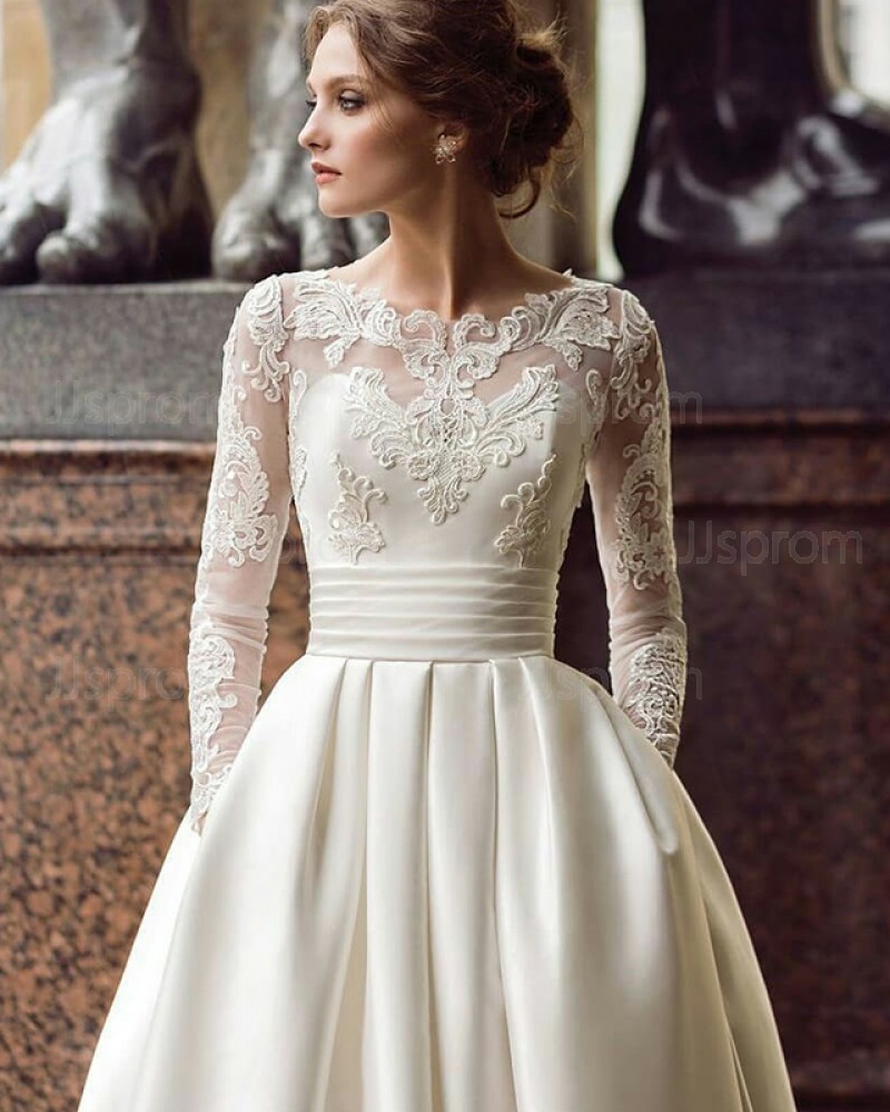 Ivory Satin Pleated Jewel Lace Applique Bodice Long Sleeve Fall Wedding Dress with Pockets WD2086