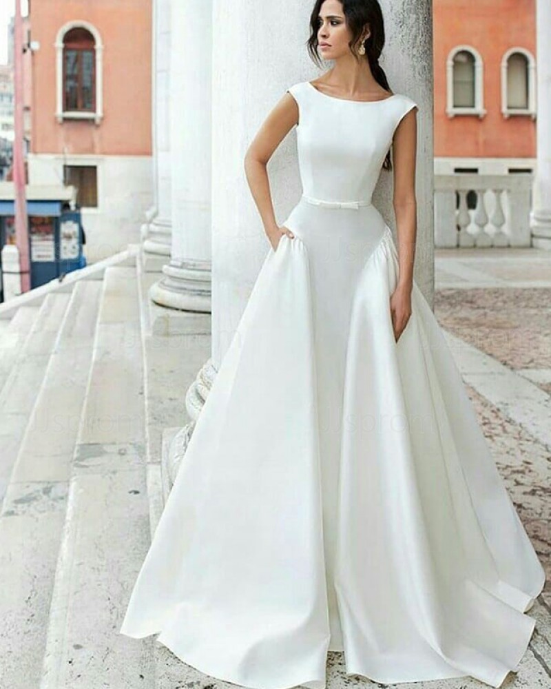 Simple A-line Satin Jewel White Wedding Dress with Pockets WD2087