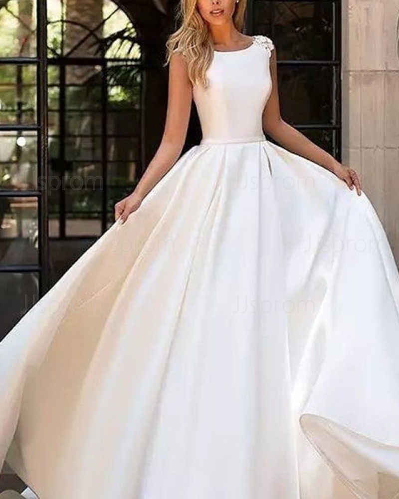 Simple Pleated Satin Fall Jewel White Wedding Dress with Appliques WD2091