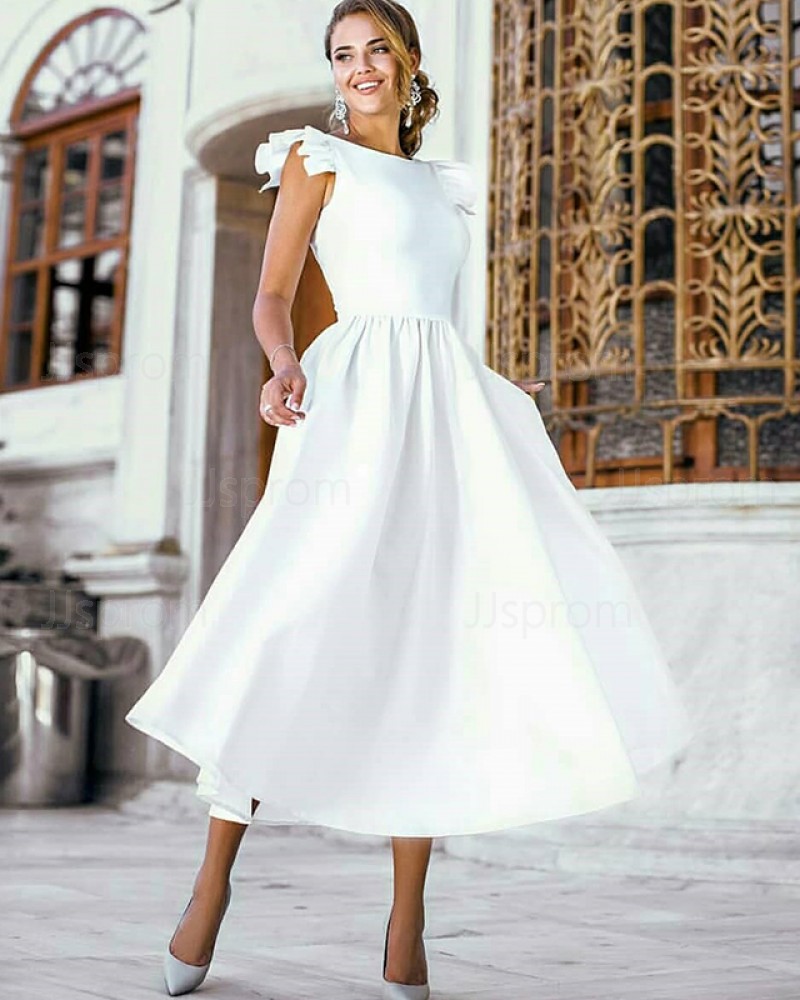 Pleated Satin Jewel Tea Length White Wedding Dress with Cap Sleeves WD2092