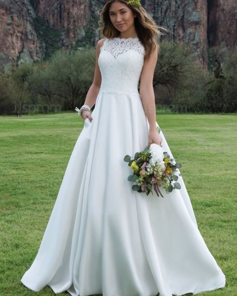 Lace Bodice A-line White Jewel Satin Fall Wedding Dress with Pockets WD2095