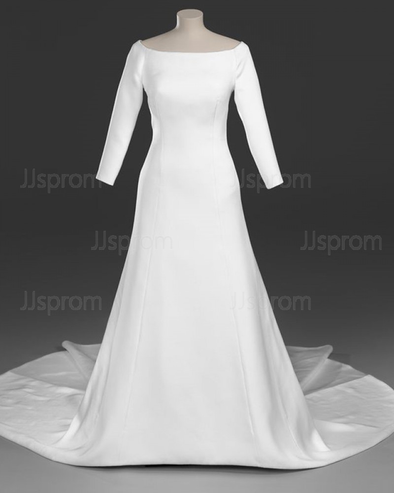 Simple Sheath Satin Scoop Royal Wedding Dress with 3/4 Length Sleeves WD2096
